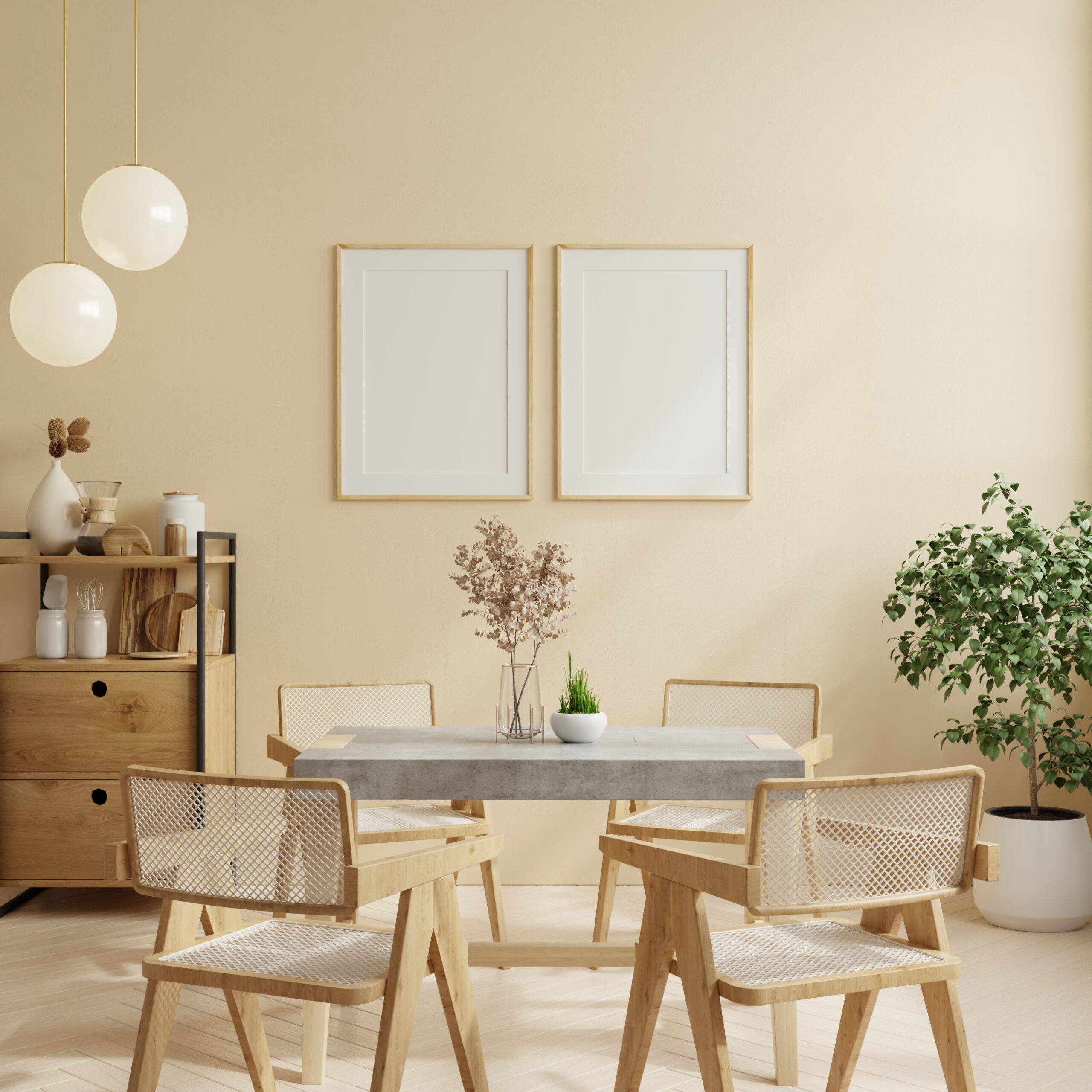 Frame mockup in luxury dining room and cream color background